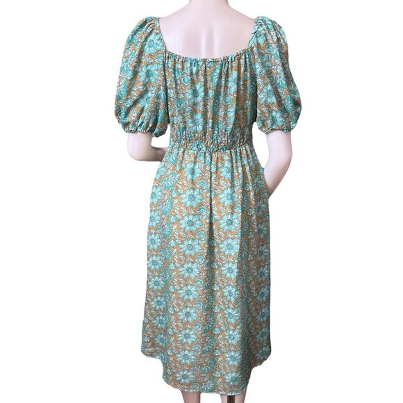 Boemo Womens Blue Green Floral Puff Sleeve Elastic Waist Pockets Slit Dress L - Picture 3 of 7